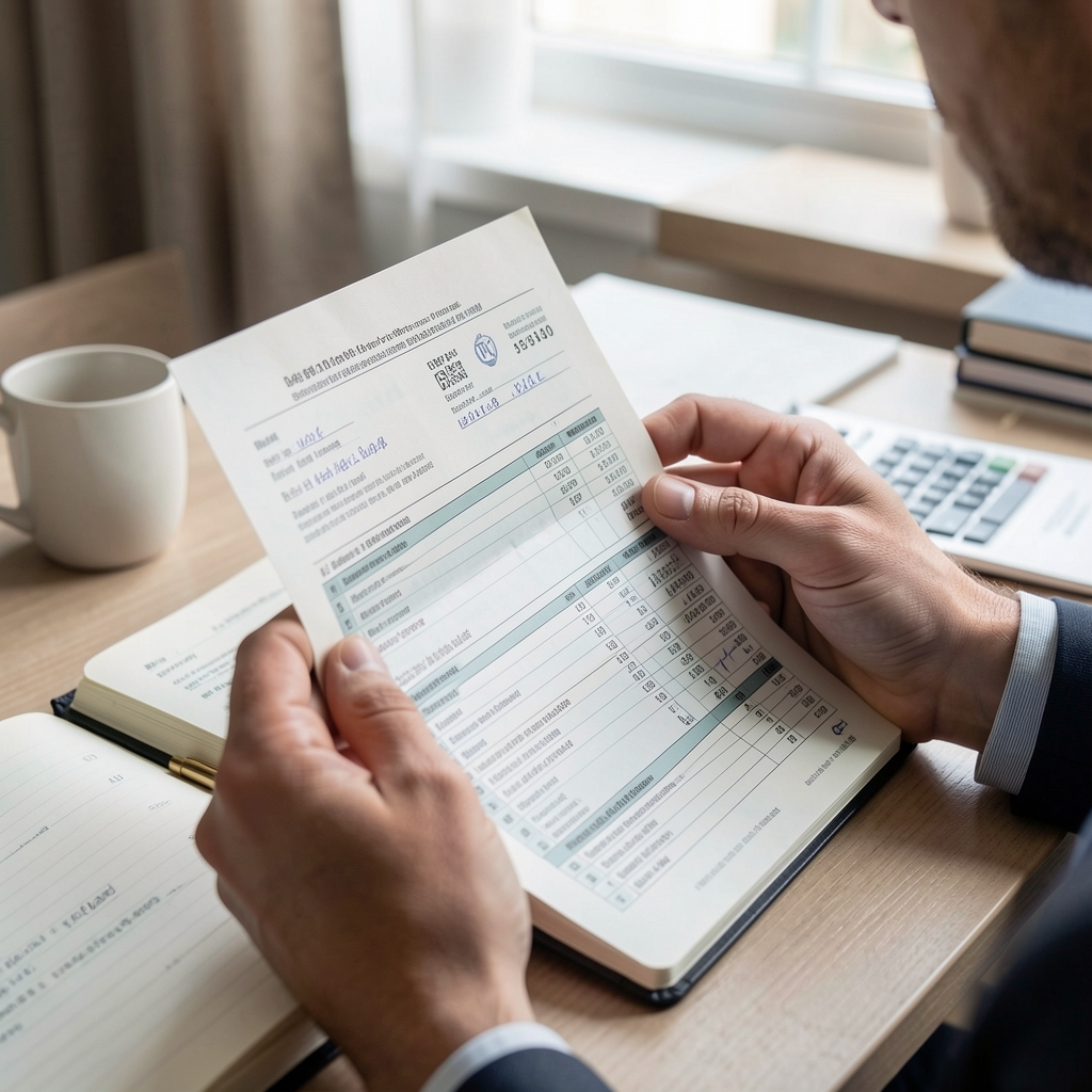 Persona comparando un extracto bancario impreso con registros contables en una libreta