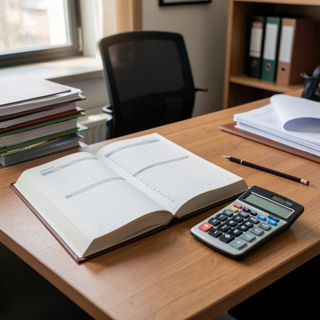 Libro contable abierto junto a una calculadora y lápiz sobre un escritorio de oficina ordenado
