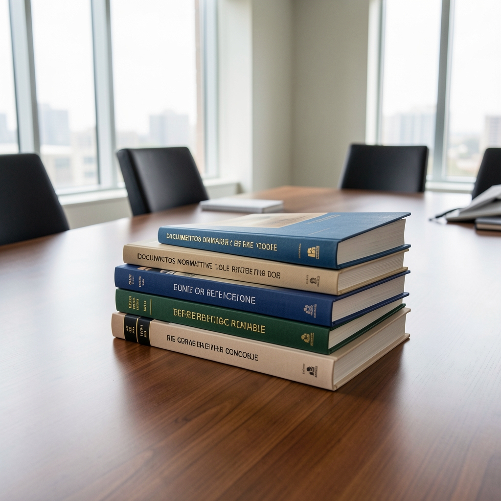 Documentos normativos y libros de referencia contable apilados sobre una mesa de reuniones