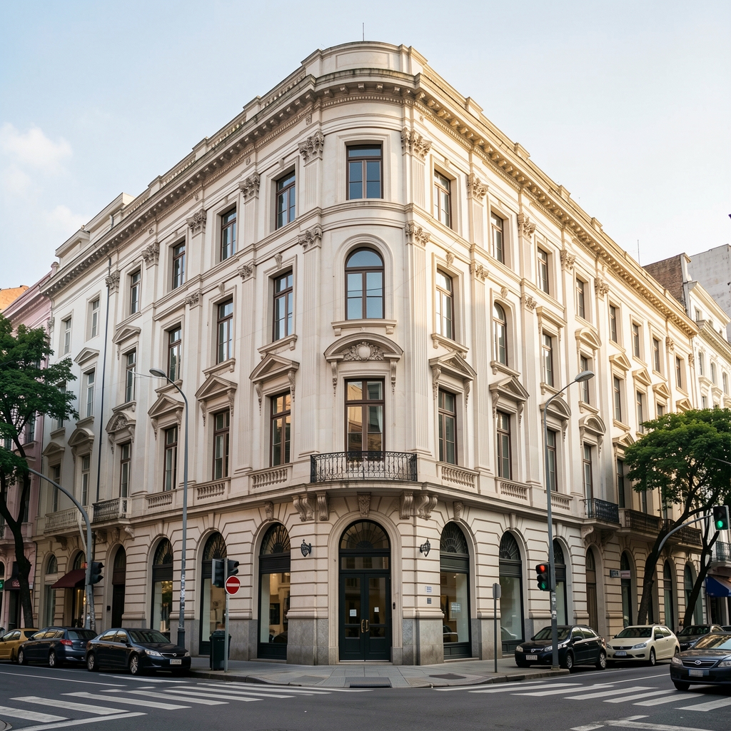 Fachada de un edificio de oficinas de estilo clásico en la avenida Corrientes del microcentro de Buenos Aires