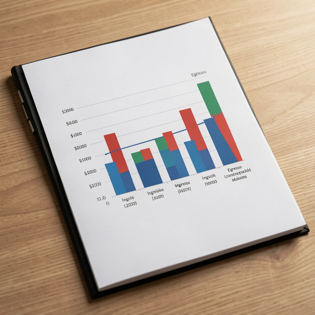 Gráfico de barras comparando ingresos y egresos mensuales impreso sobre una carpeta de informes financieros