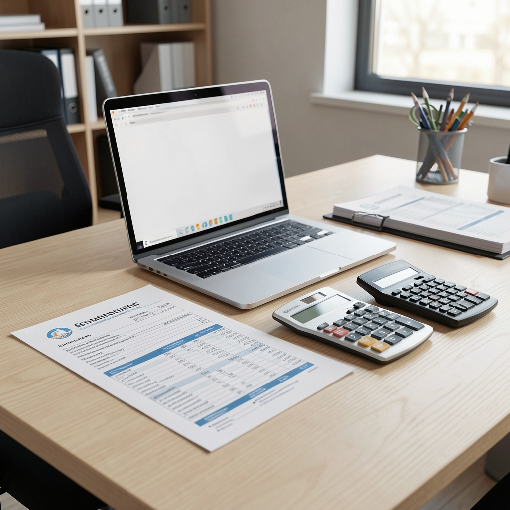 Escritorio de oficina contable con laptop, calculadora y balances impresos ordenados sobre una mesa de madera clara