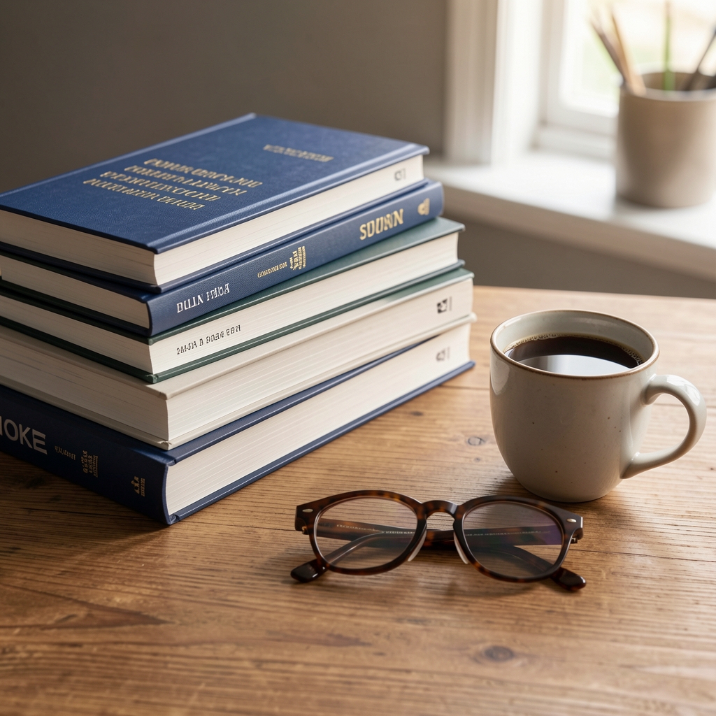 Pila de libros de contabilidad y finanzas junto a anteojos y una taza de café sobre un escritorio de madera