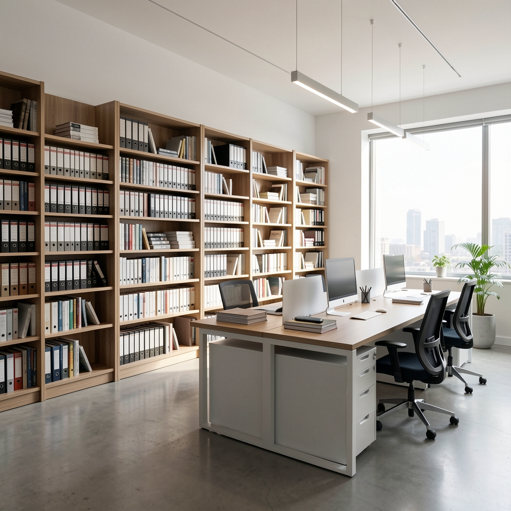 Interior de oficina moderna y luminosa en Buenos Aires con estanterías de libros contables y escritorios de trabajo