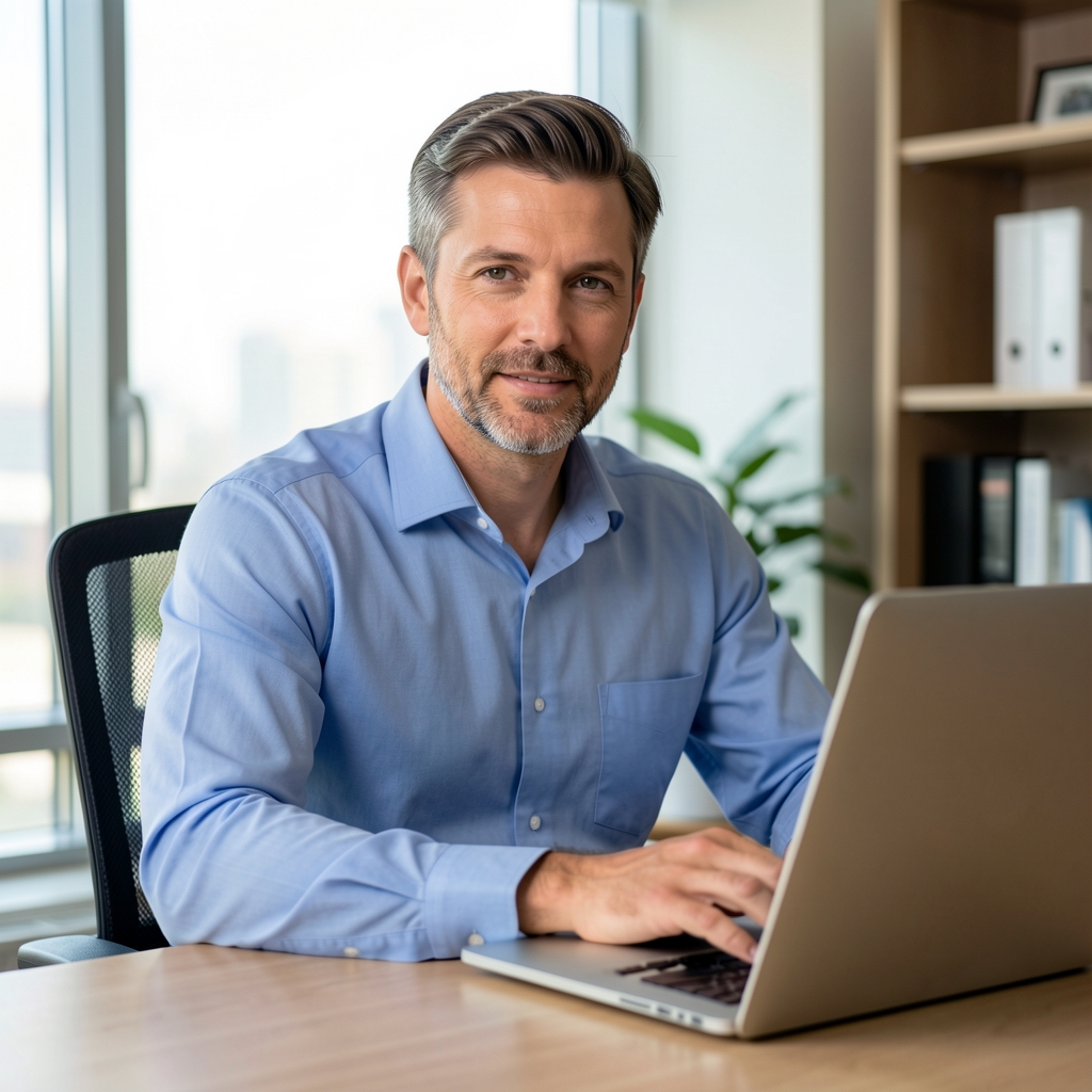 Retrato profesional de hombre de unos treinta y cinco años con camisa celeste sentado frente a una laptop en una oficina