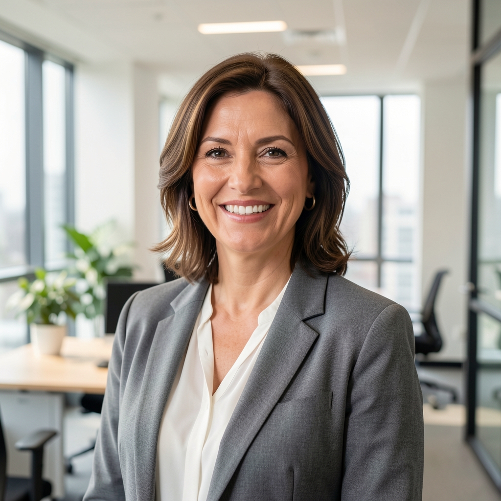 Retrato profesional de mujer de unos cuarenta años con blazer gris sonriendo en una oficina luminosa