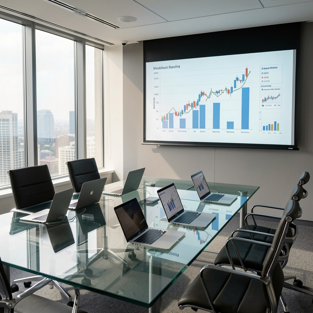 Sala de reuniones con una mesa de vidrio, laptops abiertas y gráficos financieros proyectados en una pantalla